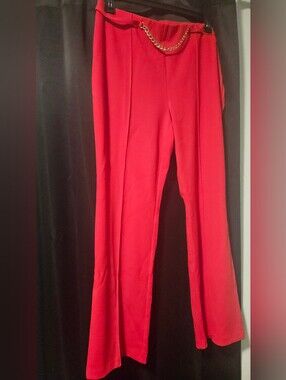 High-Rise Red Dress Pants with Chain Accent